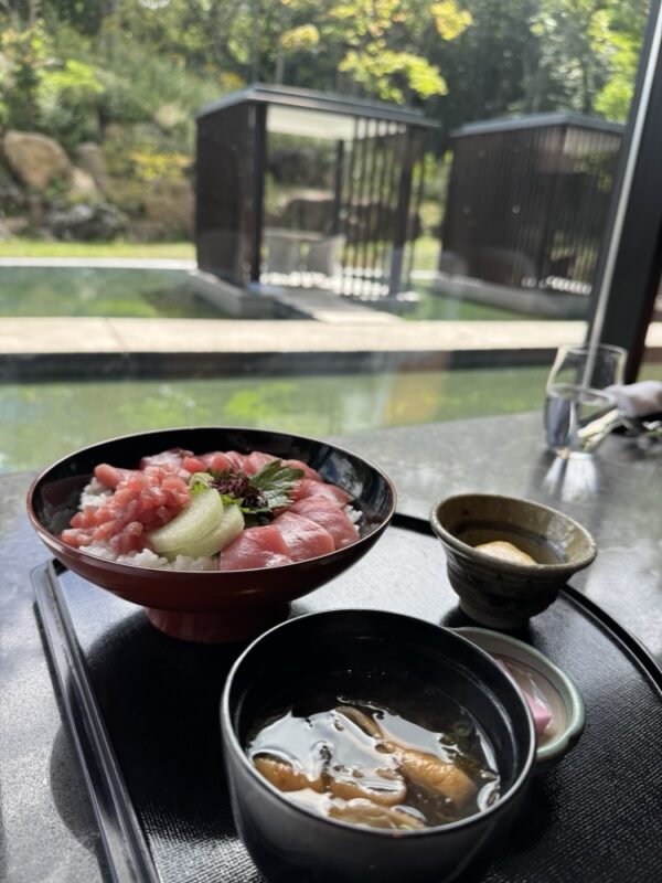 本鮪の丼。窓の外は水盤です