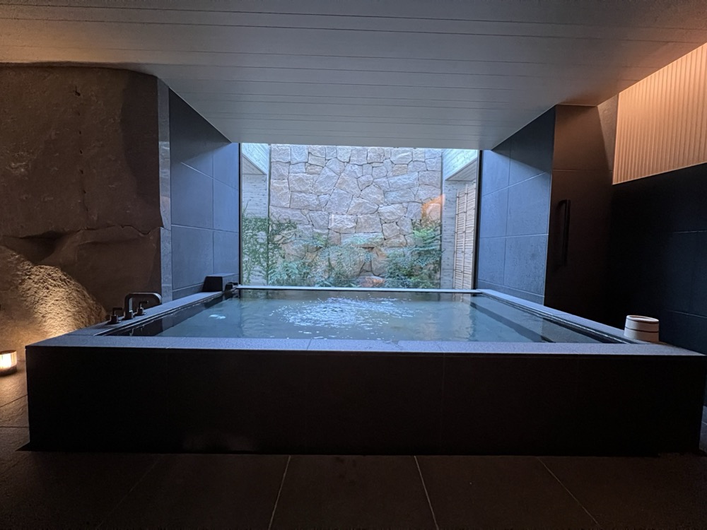 貸切のプライベートSPA。石壁の坪庭が見えます