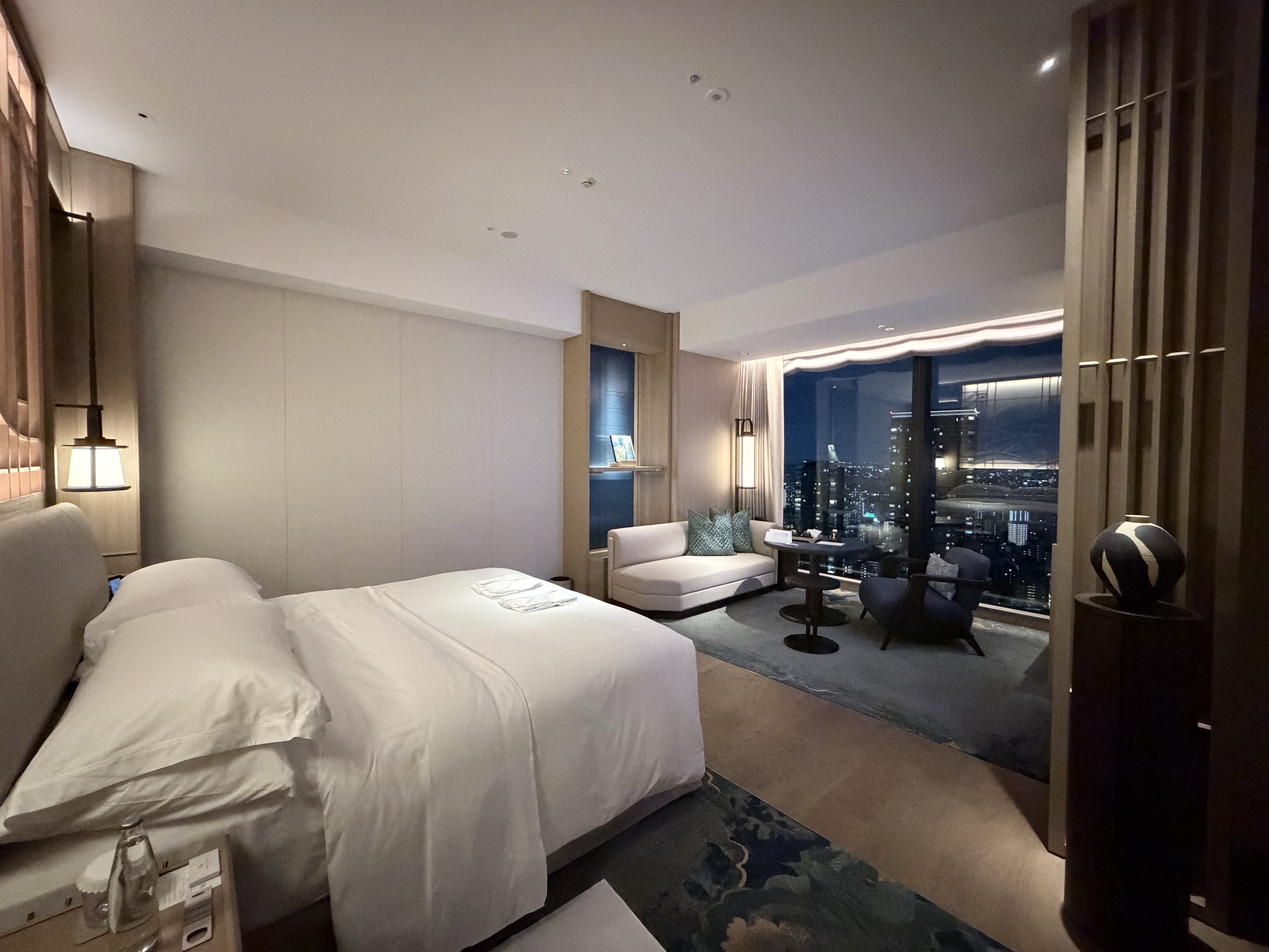 部屋の全景です。ベッドの奥がソファで、その先が窓です