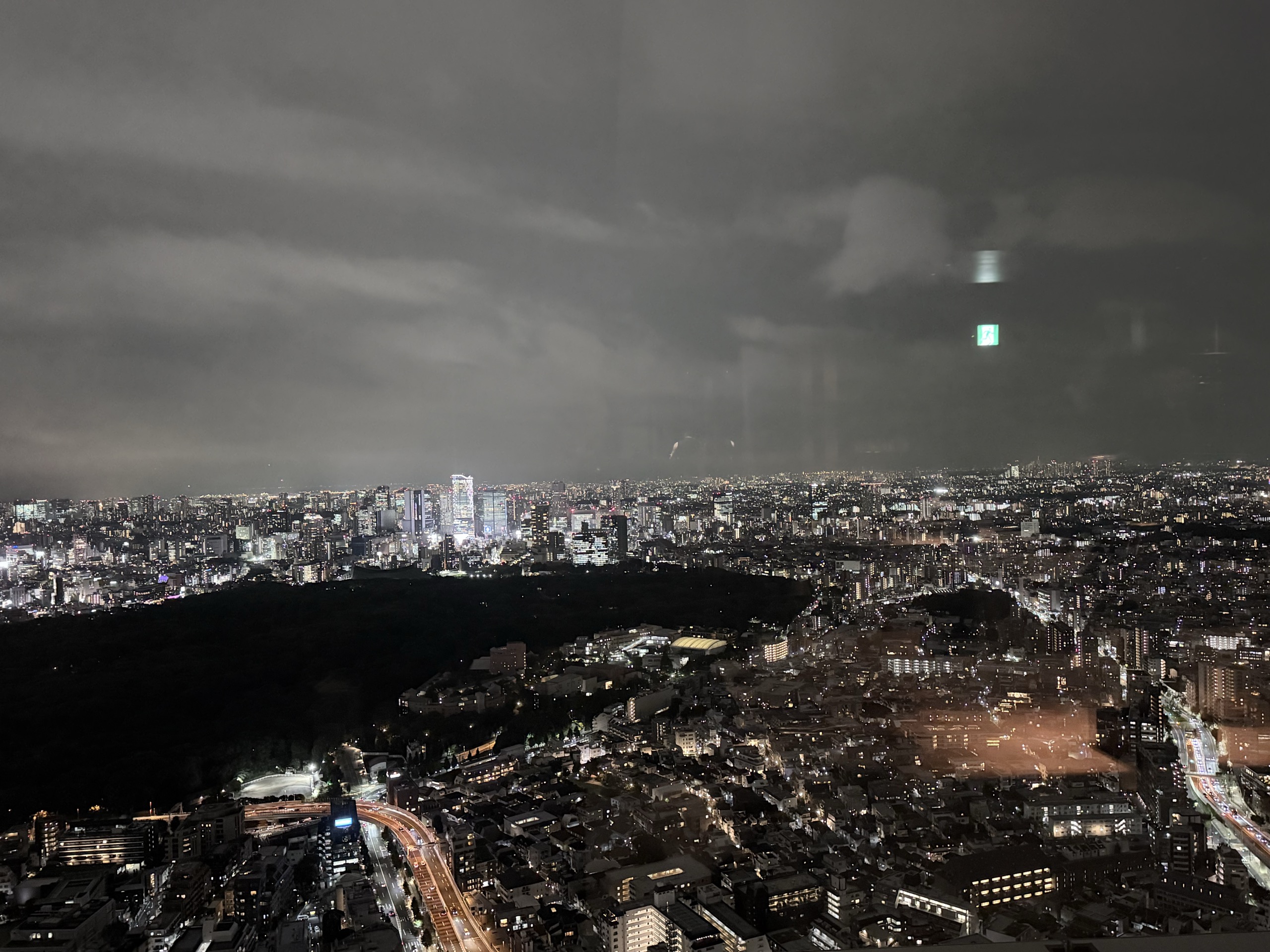 客室からの夜景。眼下の暗い森の先に光る高層ビル群