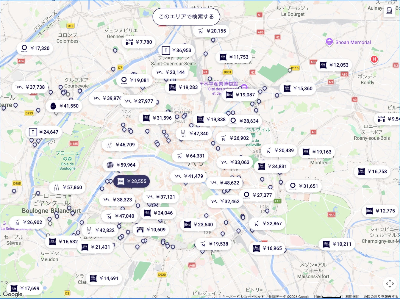 アコー会員が使う、ALLの公式サイトのホテル探しの地図で、パリを出したところです。アコーのホテルの印が、びっしり並んでいます