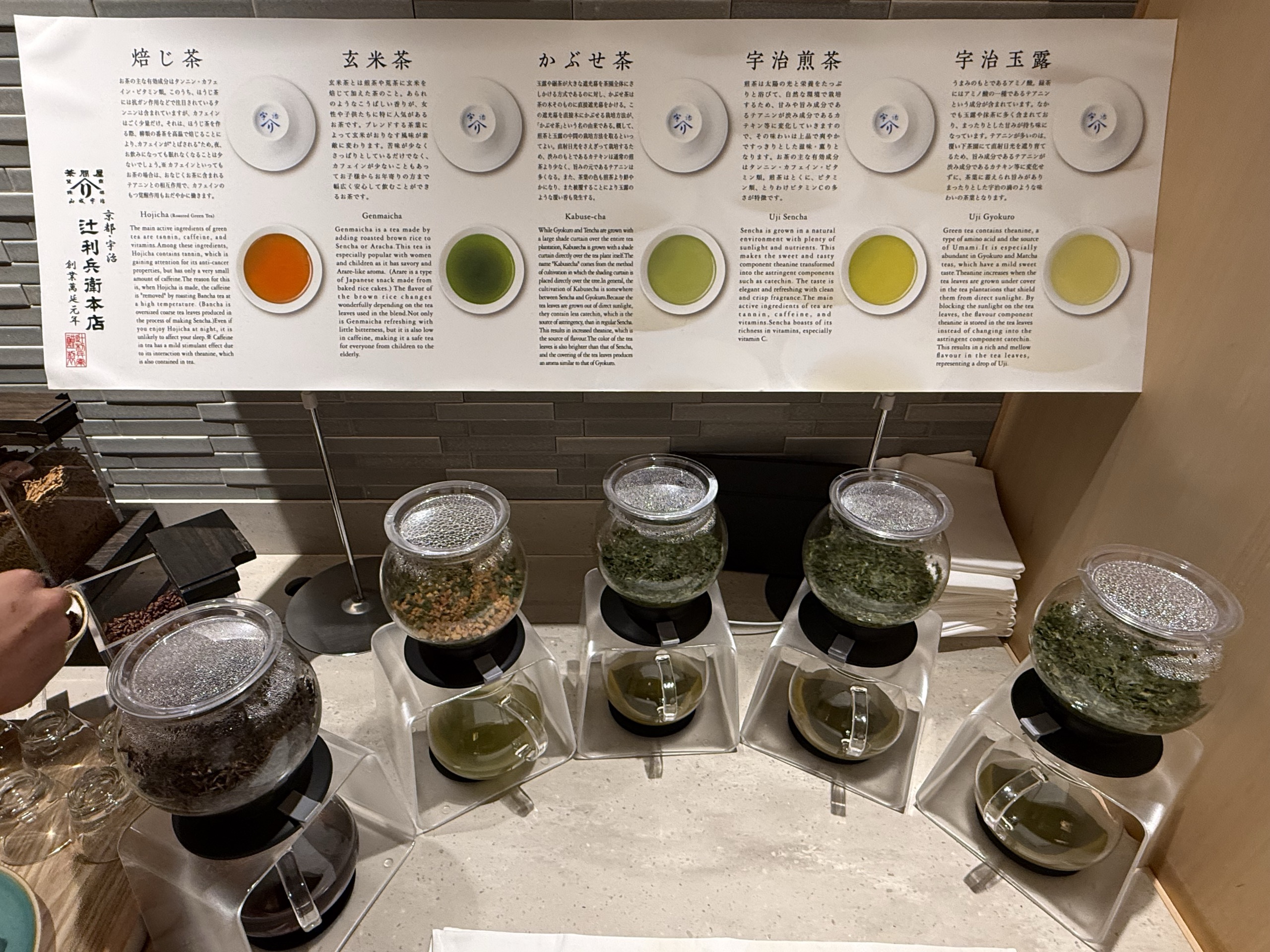 宇治のお茶5種類を紹介した、朝食会場の壁の紙