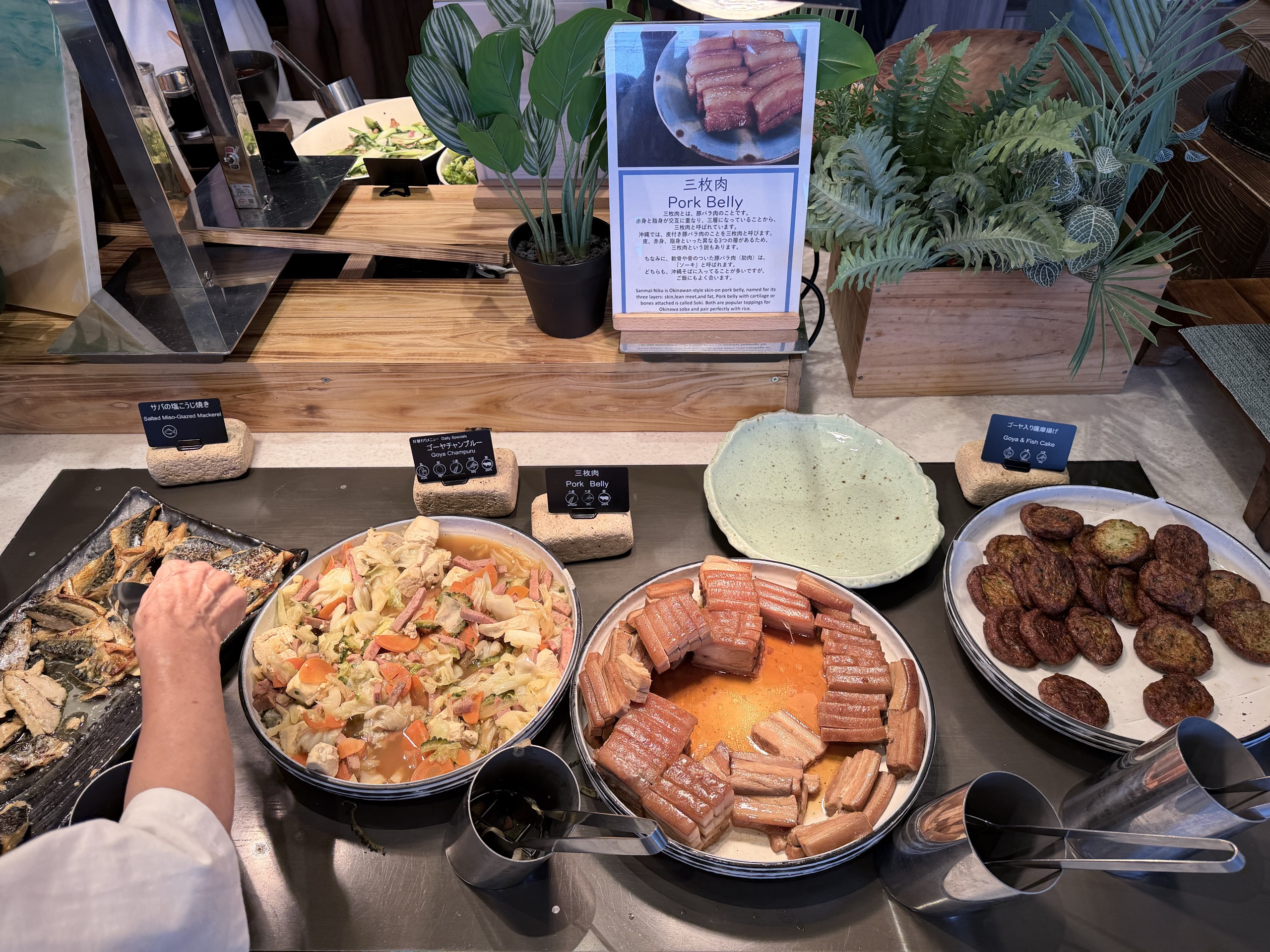 サバの塩こうじ焼きとゴーヤチャンプルー、三枚肉