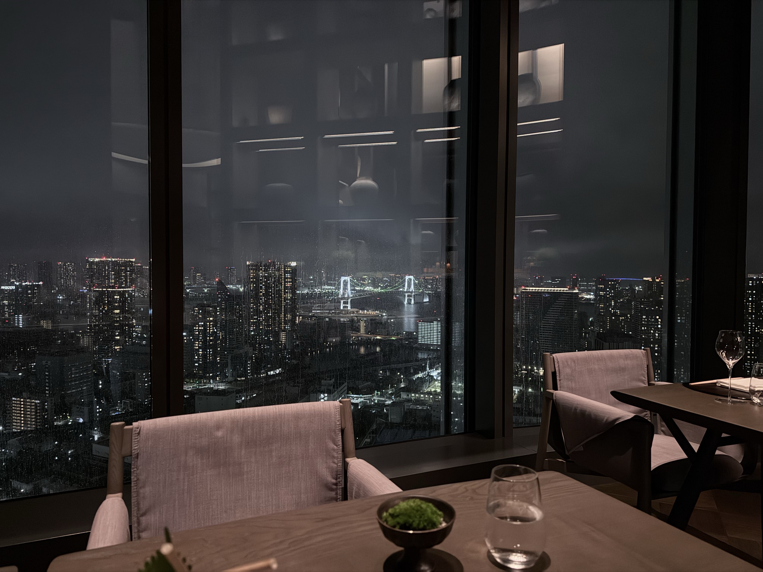 雨粒のついた大きな窓と、窓の外の夜景
